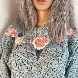 Hand knitted Vintage Casual Corner Sweater blue floral size small